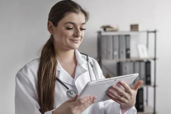 Doctor reviewing digital patient forms on a tablet